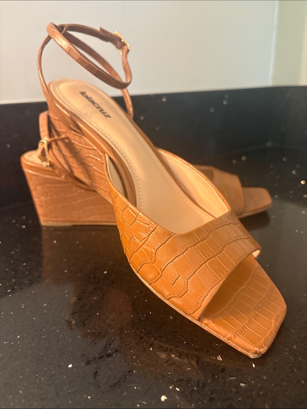 *Lola Cruz Saddle Brown Tan Croc-Embossed Wedge Sandals Ankle Strap Faux Leather